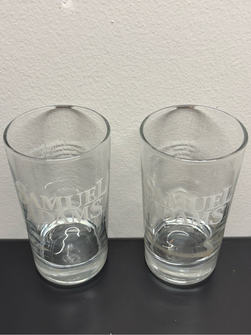 Vintage Sam Adams Beer Tasting Clear Glasses 4-1/4" Tall Step One & Four Set/2